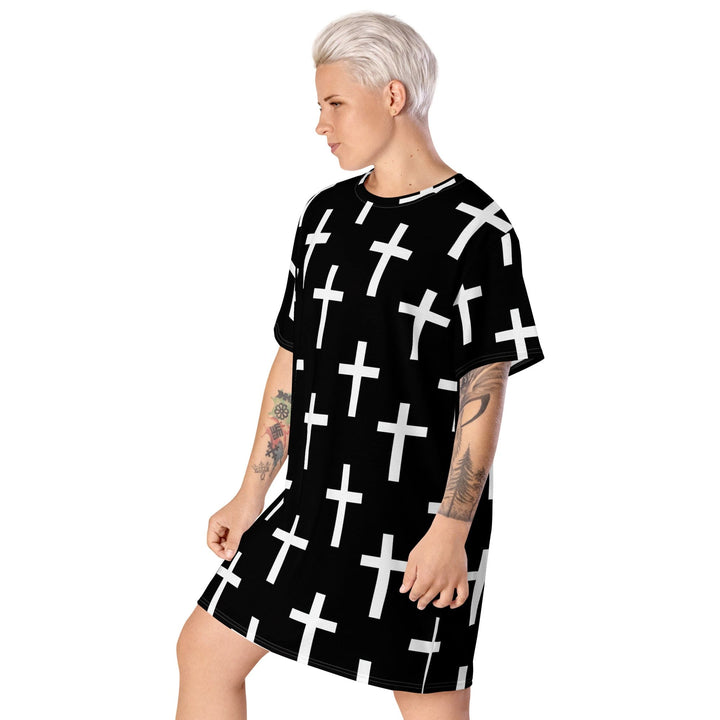 Womens Graphic T-shirt Dress Black White Cross Print - Womens | Dresses