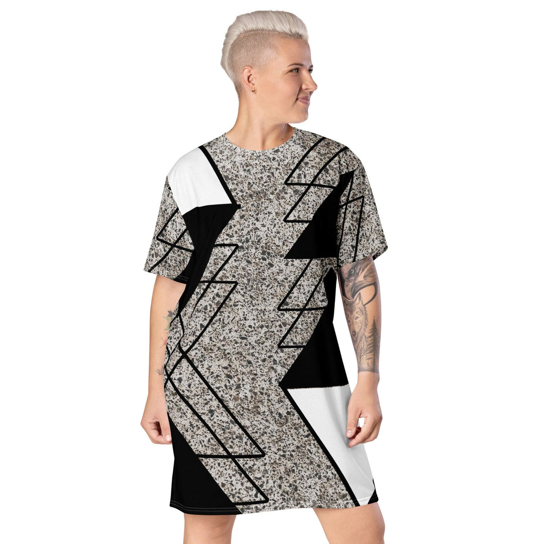 Womens Graphic T-shirt Dress - Black and White Triangular Colorblock - Womens