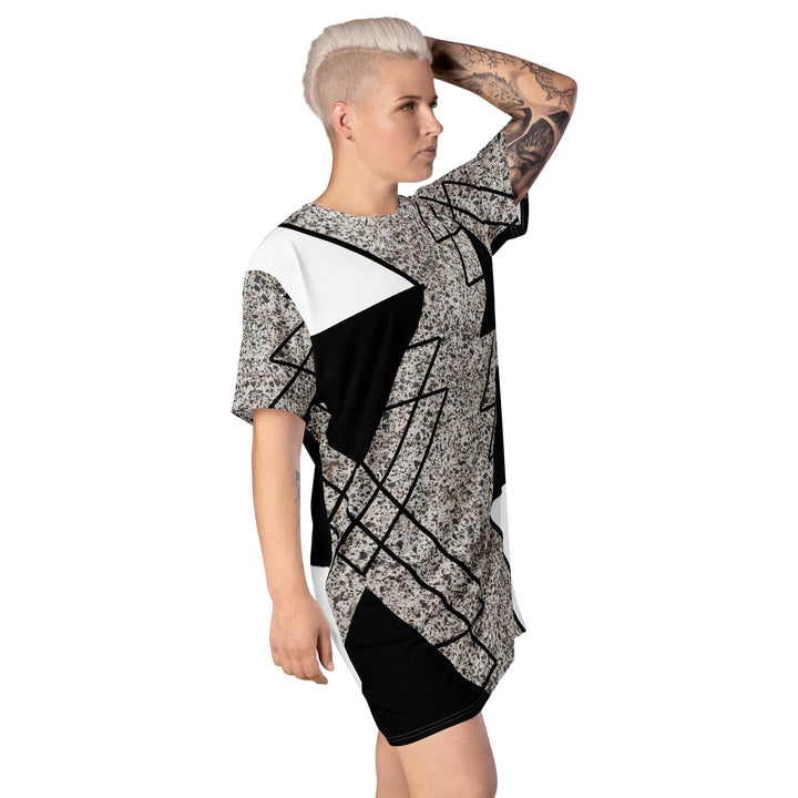 Womens Graphic T-shirt Dress - Black and White Triangular Colorblock - Womens