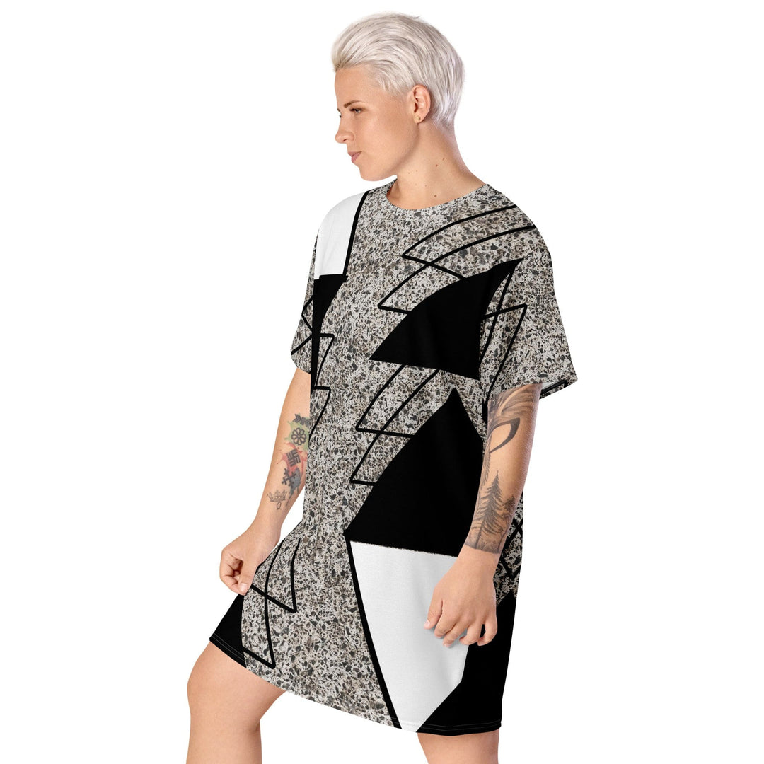 Womens Graphic T-shirt Dress - Black and White Triangular Colorblock - Womens