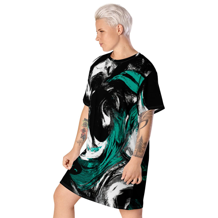 Womens Graphic T-shirt Dress Black Green White Abstract Pattern - Womens