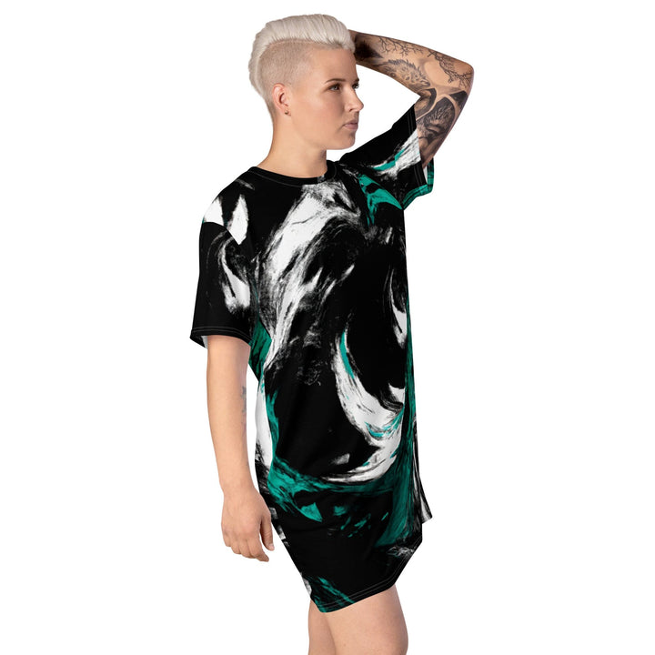 Womens Graphic T-shirt Dress Black Green White Abstract Pattern - Womens