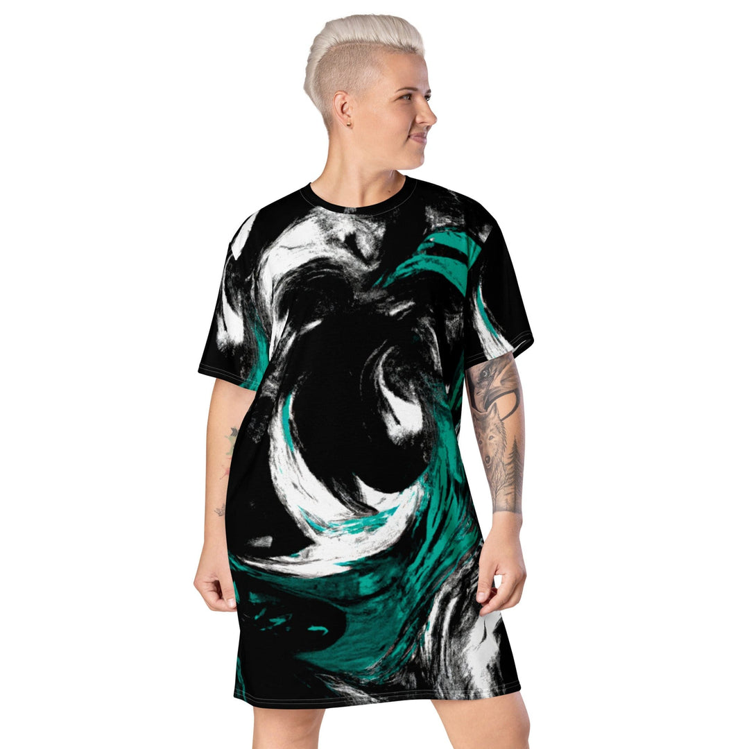 Womens Graphic T-shirt Dress Black Green White Abstract Pattern - Womens