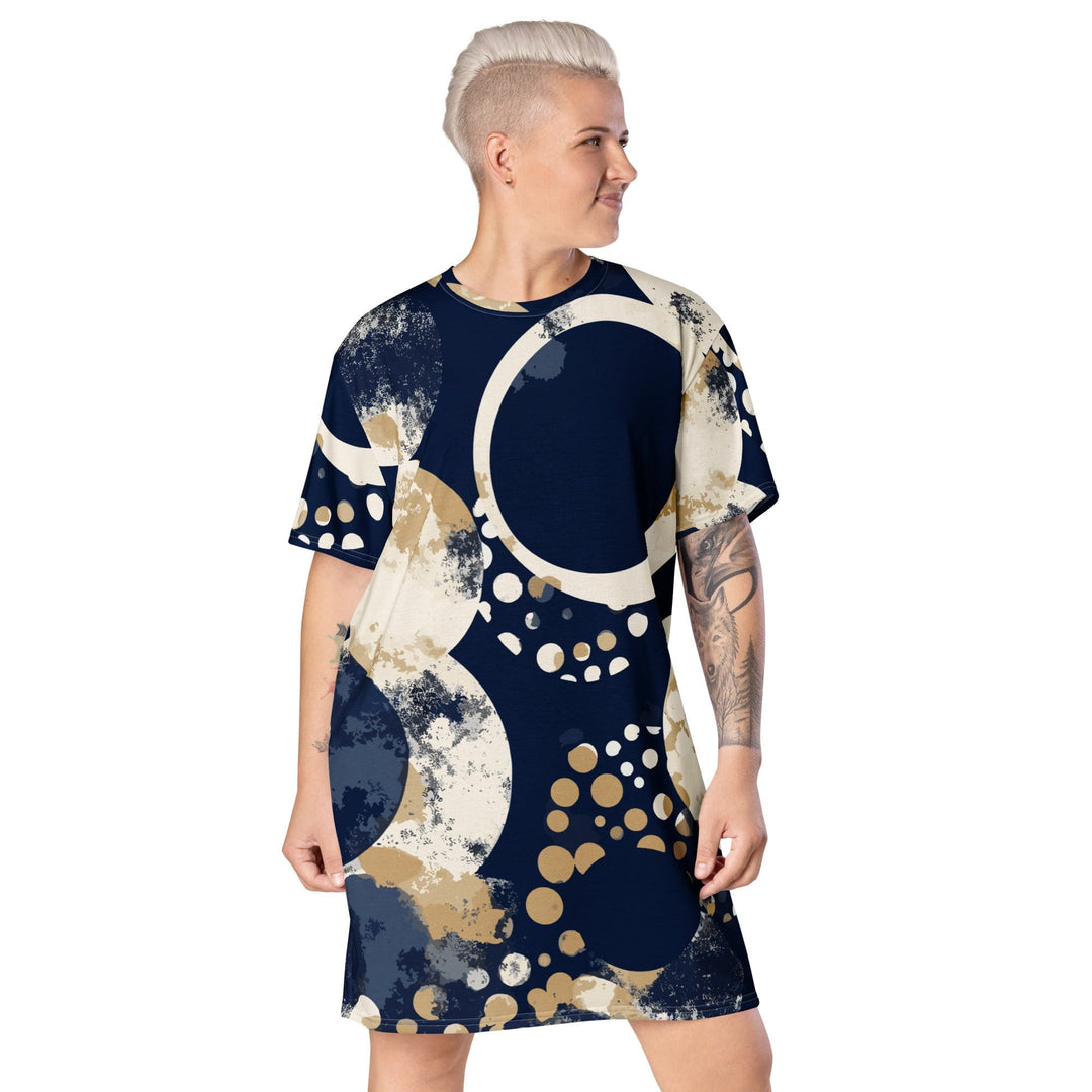 Womens Graphic T-shirt Dress Blue Beige Spotted Print - Womens | Dresses