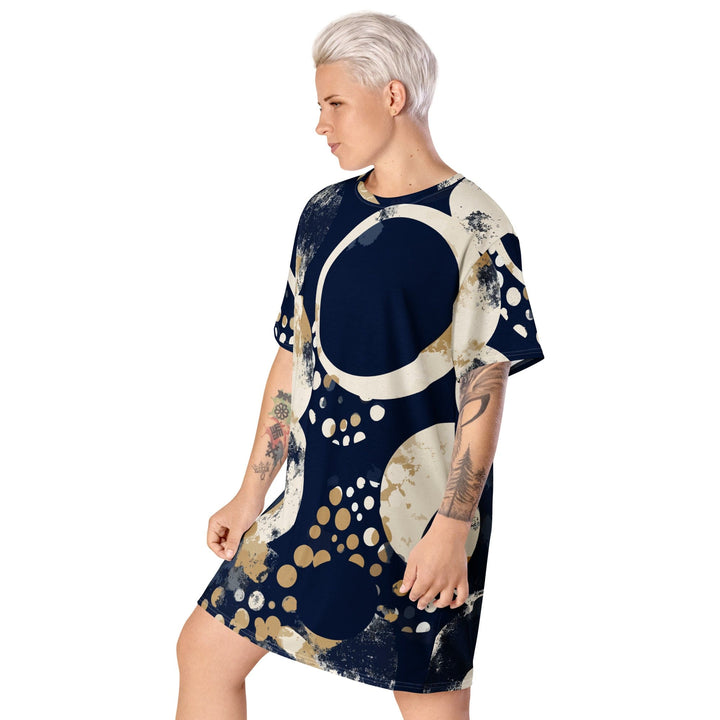 Womens Graphic T-shirt Dress Blue Beige Spotted Print - Womens | Dresses