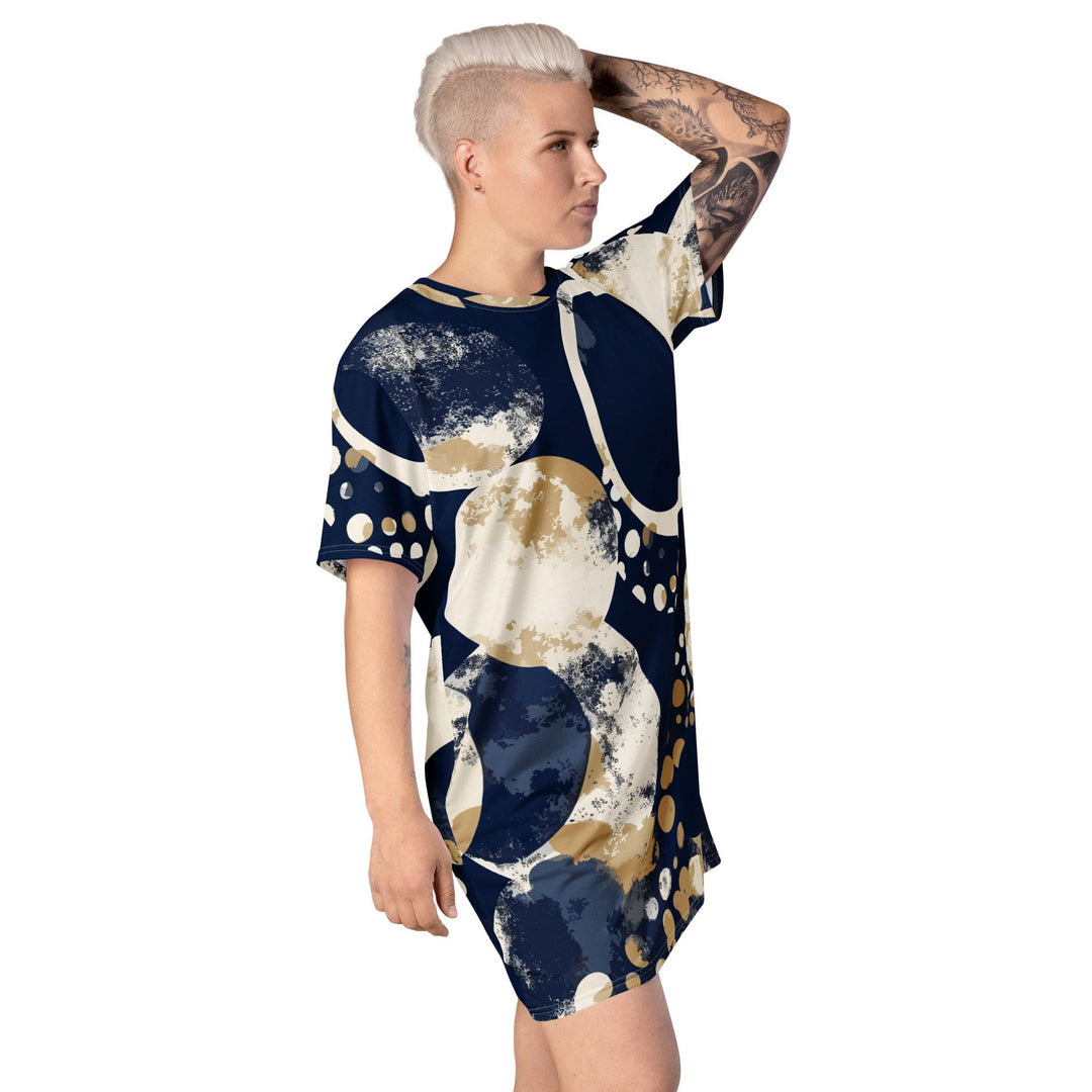 Womens Graphic T-shirt Dress Blue Beige Spotted Print - Womens | Dresses