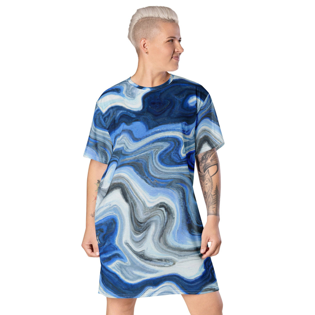 Womens Graphic T-shirt Dress Blue Grey Marble Print - Womens | Dresses