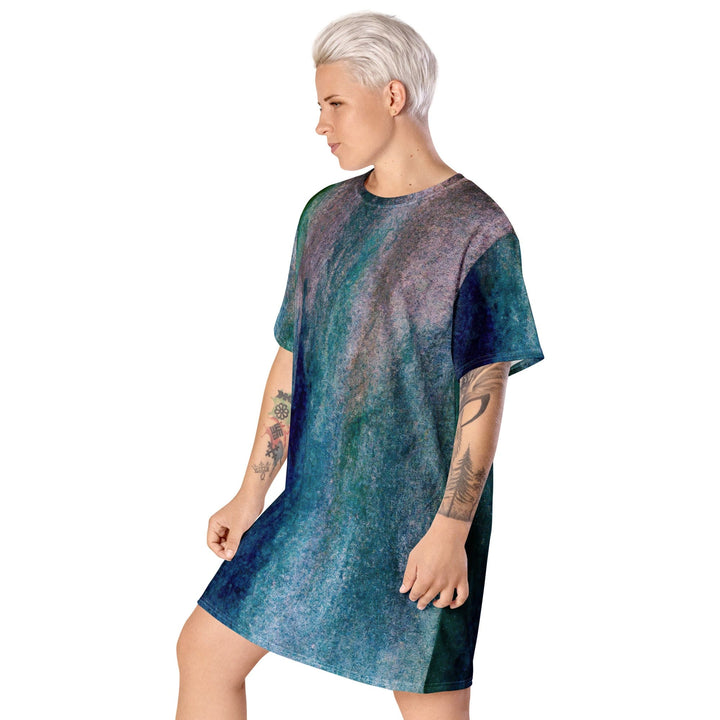 Womens Graphic T-shirt Dress Blue Hue Watercolor Abstract Print - Womens