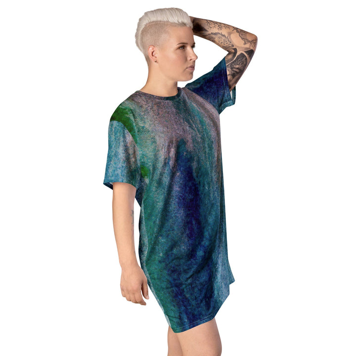 Womens Graphic T-shirt Dress Blue Hue Watercolor Abstract Print - Womens