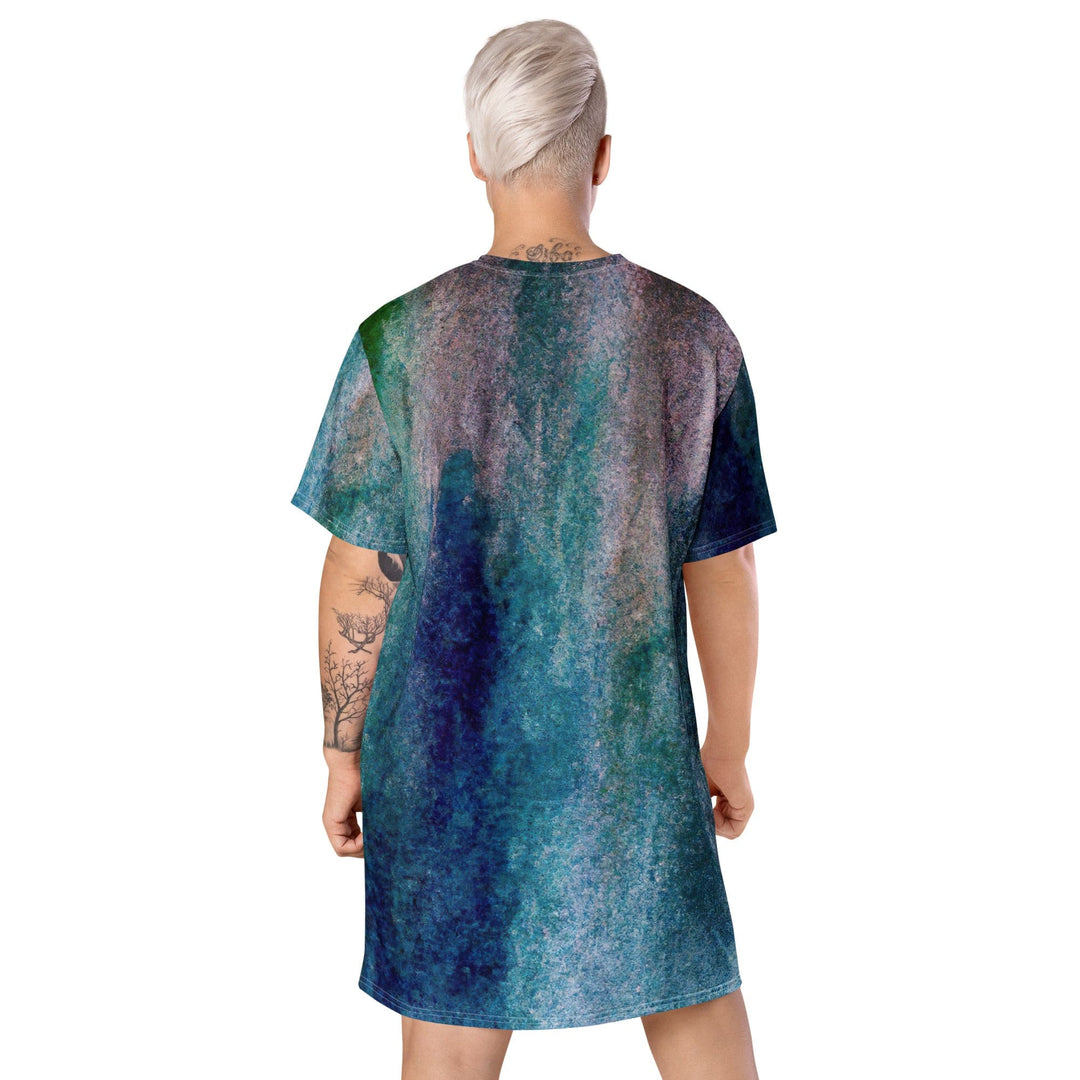 Womens Graphic T-shirt Dress Blue Hue Watercolor Abstract Print - Womens