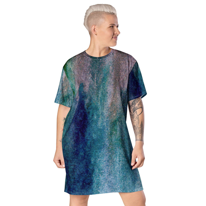 Womens Graphic T-shirt Dress Blue Hue Watercolor Abstract Print - Womens