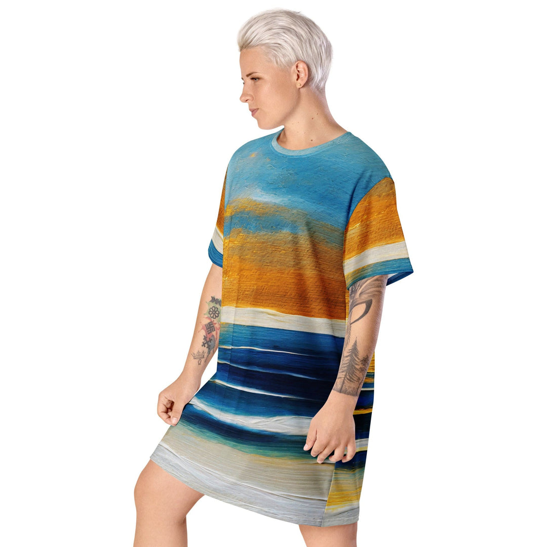 Womens Graphic T-shirt Dress Blue Ocean Golden Sunset Print 2 - Womens