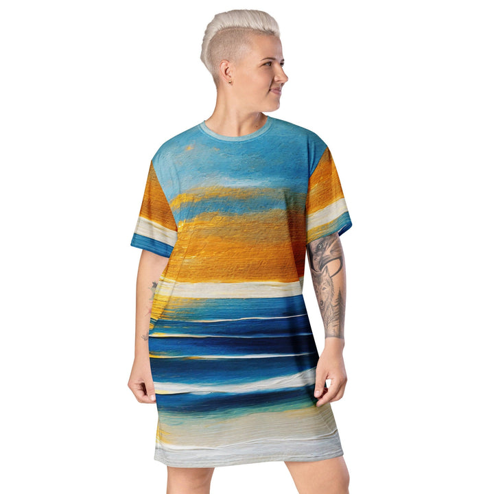 Womens Graphic T-shirt Dress Blue Ocean Golden Sunset Print 2 - Womens