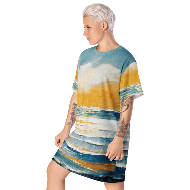 Womens Graphic T-shirt Dress Blue Ocean Golden Sunset Print 3 - Womens