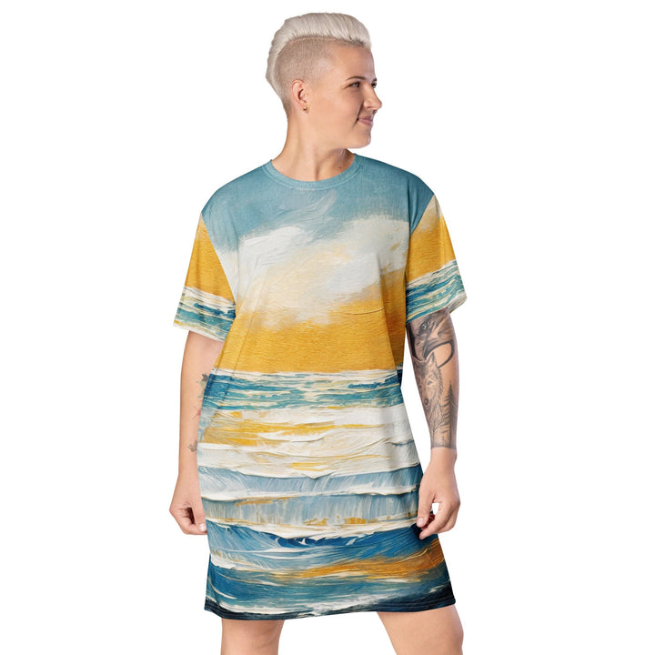 Womens Graphic T-shirt Dress Blue Ocean Golden Sunset Print 3 - Womens