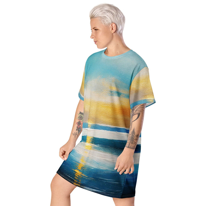 Womens Graphic T-shirt Dress Blue Ocean Golden Sunset Print 4 - Womens