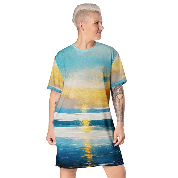 Womens Graphic T-shirt Dress Blue Ocean Golden Sunset Print 4 - Womens