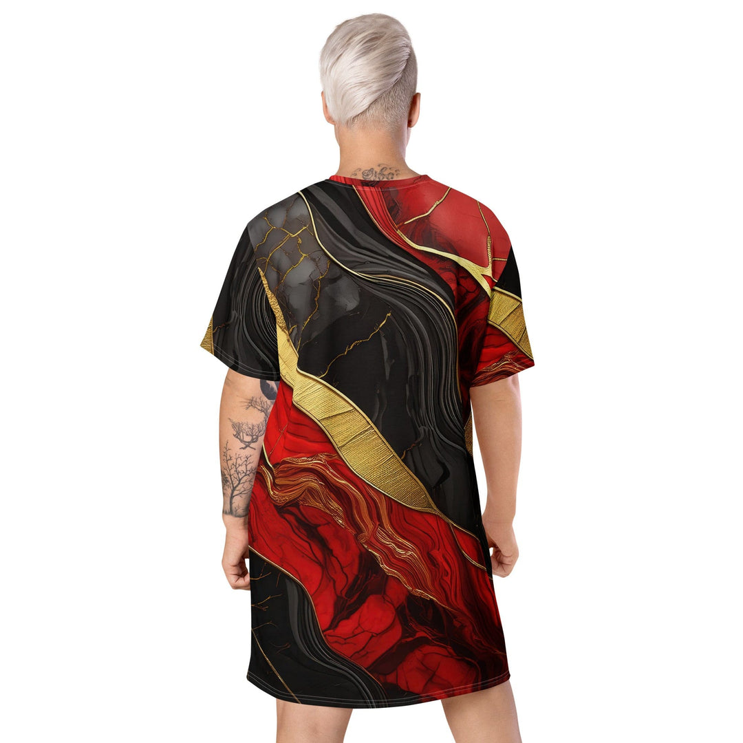 Womens Graphic T-shirt Dress Bold Red Gold Tones Print - Womens | Dresses