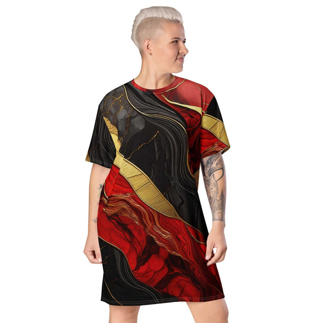 Womens Graphic T-shirt Dress Bold Red Gold Tones Print - Womens | Dresses