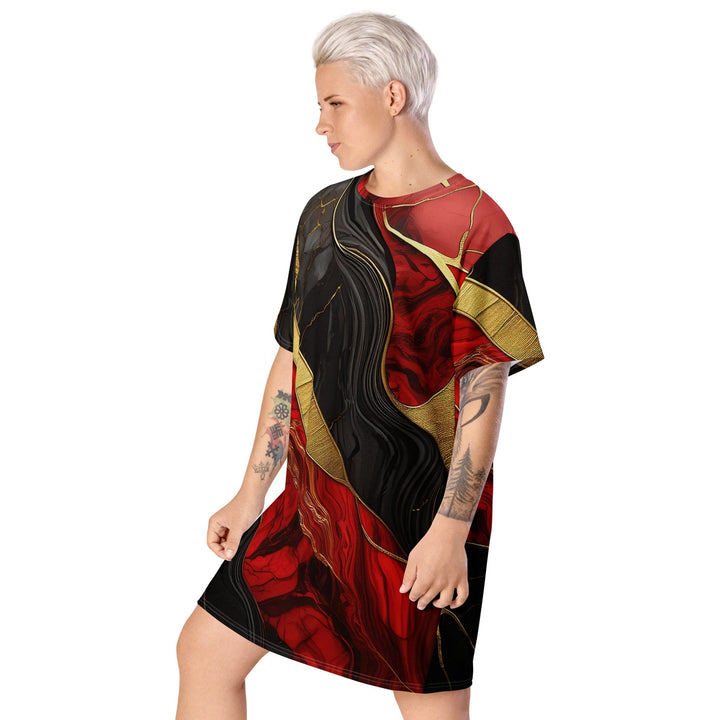 Womens Graphic T-shirt Dress Bold Red Gold Tones Print - Womens | Dresses