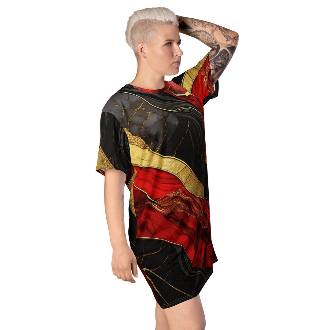 Womens Graphic T-shirt Dress Bold Red Gold Tones Print - Womens | Dresses