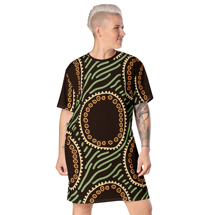 Womens Graphic T-shirt Dress Brown Green Geometric Lines - Womens | Dresses