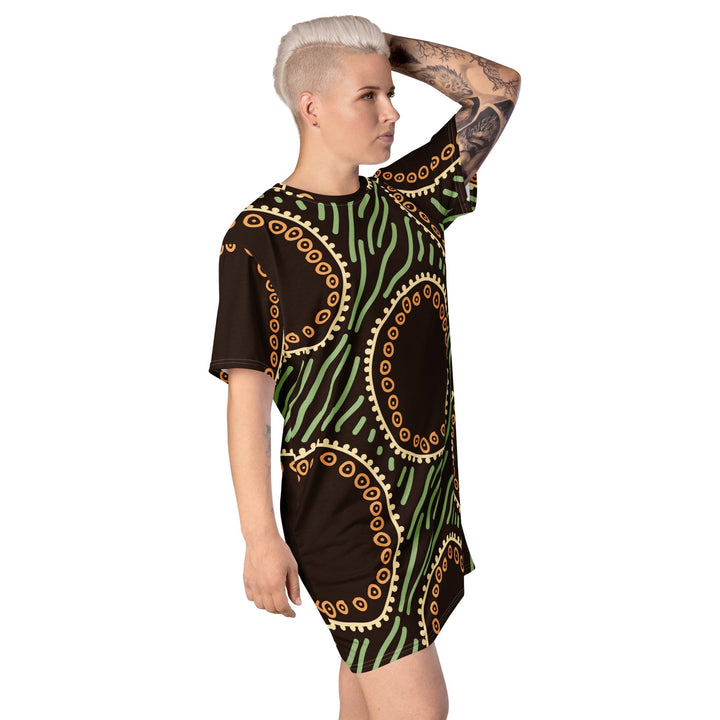 Womens Graphic T-shirt Dress Brown Green Geometric Lines - Womens | Dresses