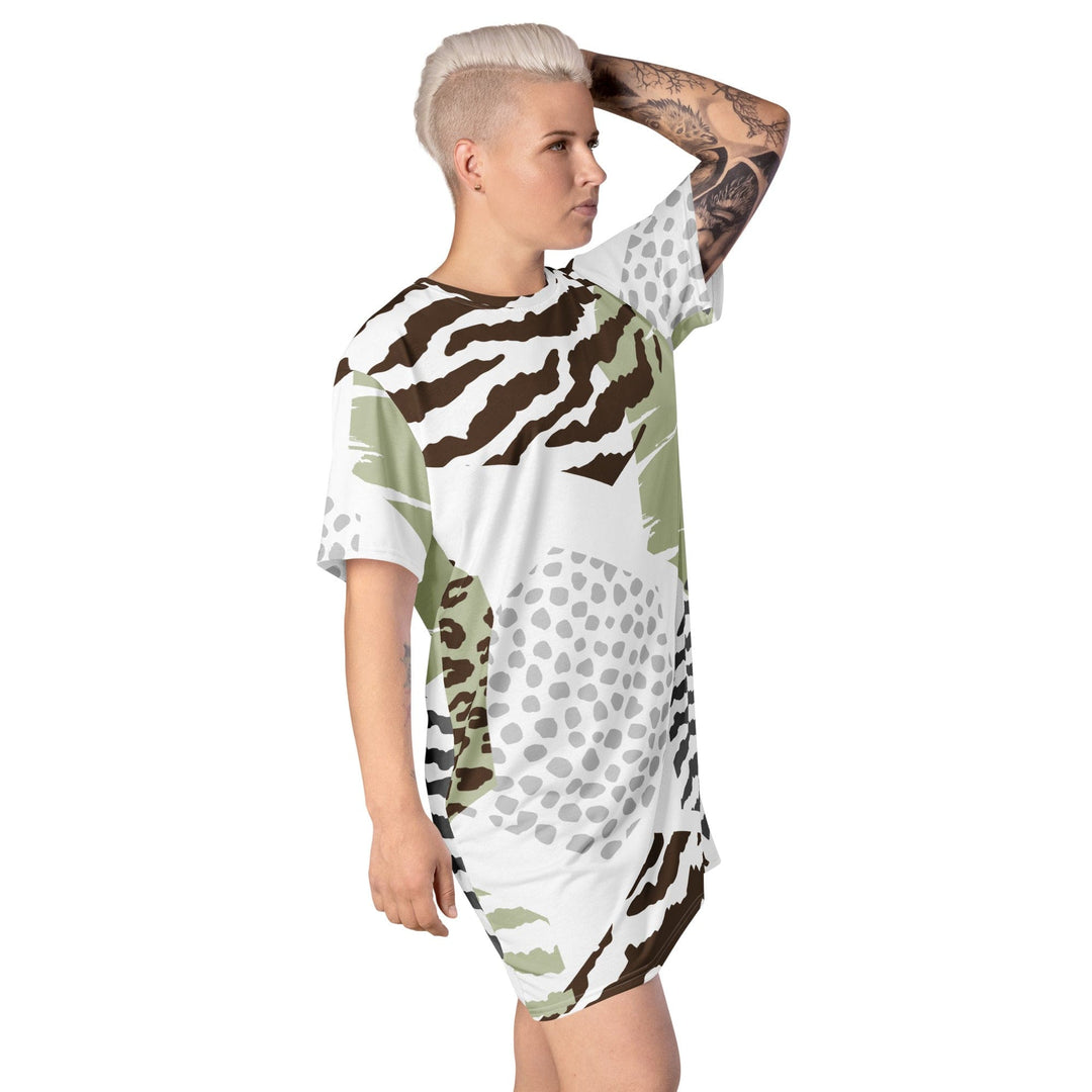 Womens Graphic T-shirt Dress - Brown Green Grey Geometric Hexagon Print