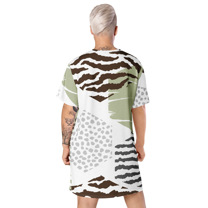 Womens Graphic T-shirt Dress - Brown Green Grey Geometric Hexagon Print