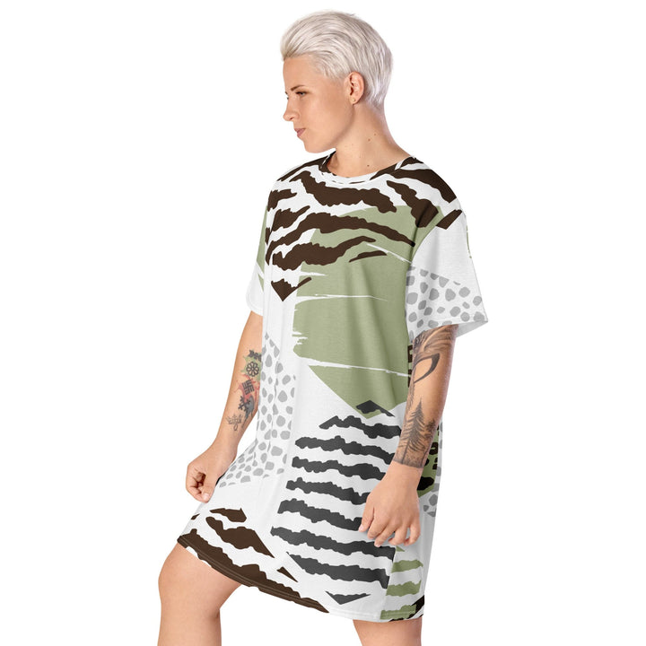 Womens Graphic T-shirt Dress - Brown Green Grey Geometric Hexagon Print