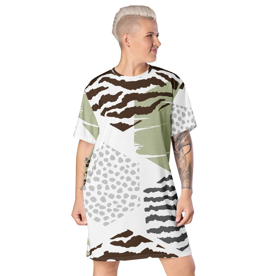 Womens Graphic T-shirt Dress - Brown Green Grey Geometric Hexagon Print