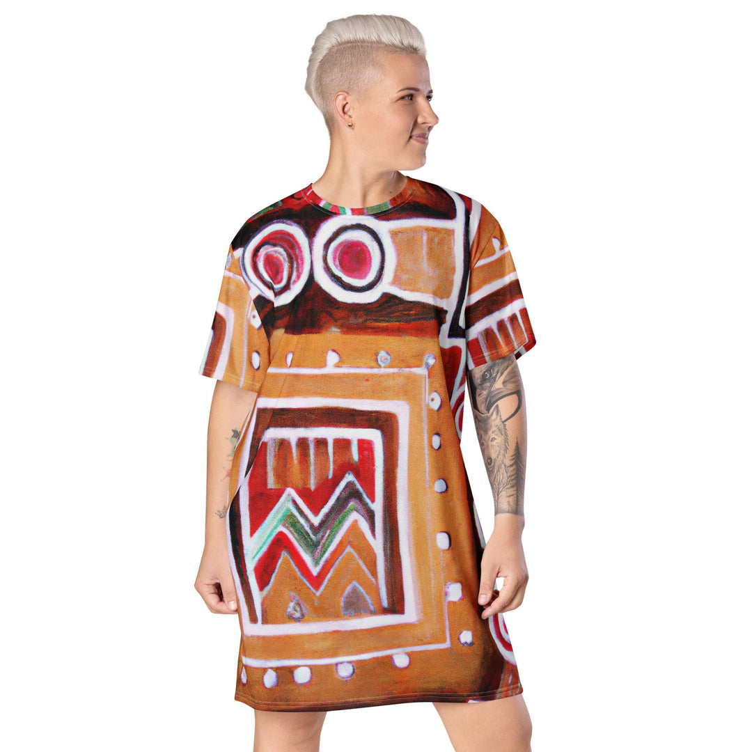 Womens Graphic T-shirt Dress Brown Orange Green Aztec Pattern - Womens