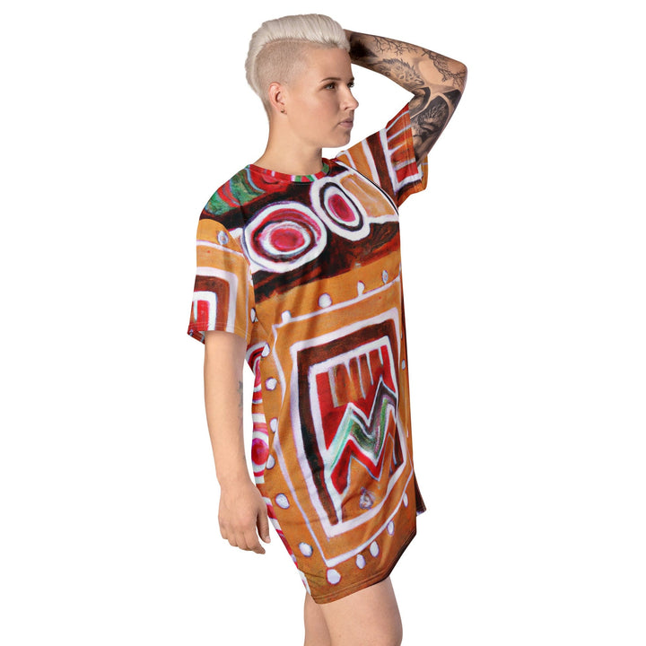 Womens Graphic T-shirt Dress Brown Orange Green Aztec Pattern - Womens