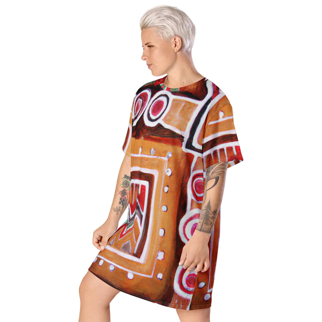 Womens Graphic T-shirt Dress Brown Orange Green Aztec Pattern - Womens