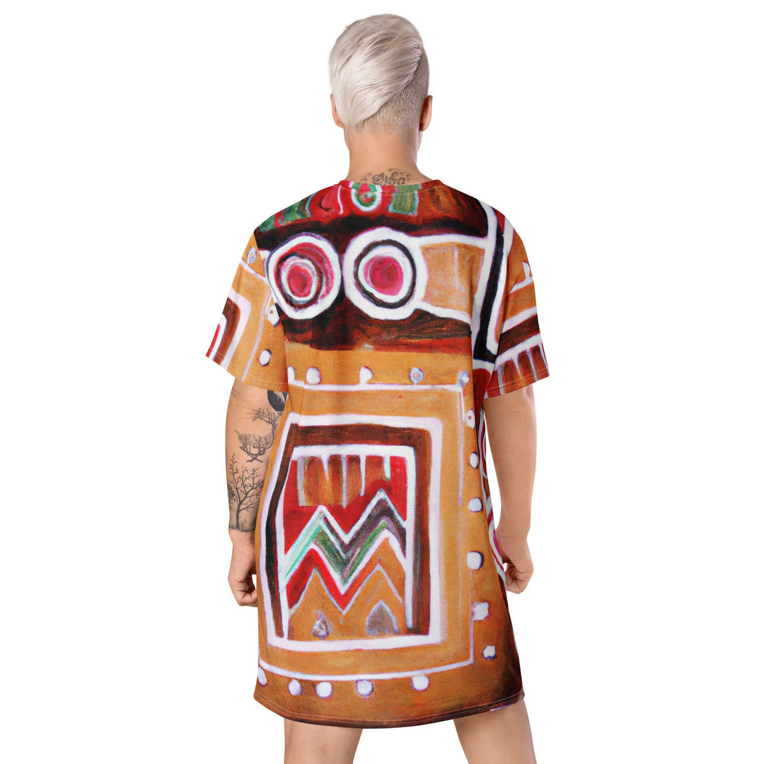 Womens Graphic T-shirt Dress Brown Orange Green Aztec Pattern - Womens