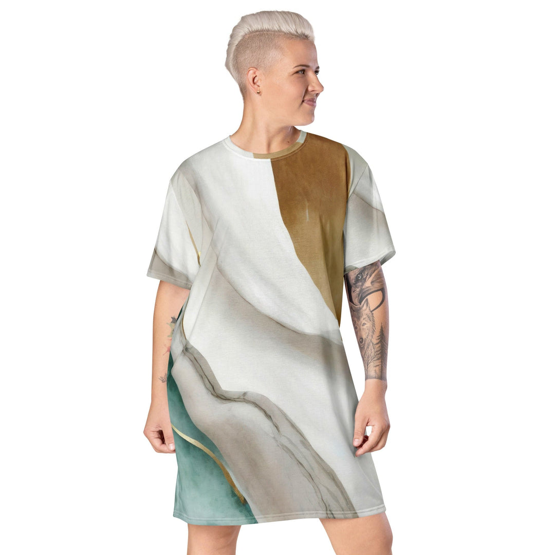 Womens Graphic T-shirt Dress Cream White Green Marbled Print - Womens | Dresses