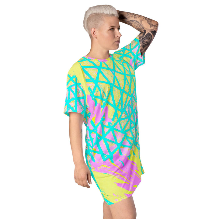 Womens Graphic T-shirt Dress Cyan Blue Lime Green and Pink Pattern - Womens