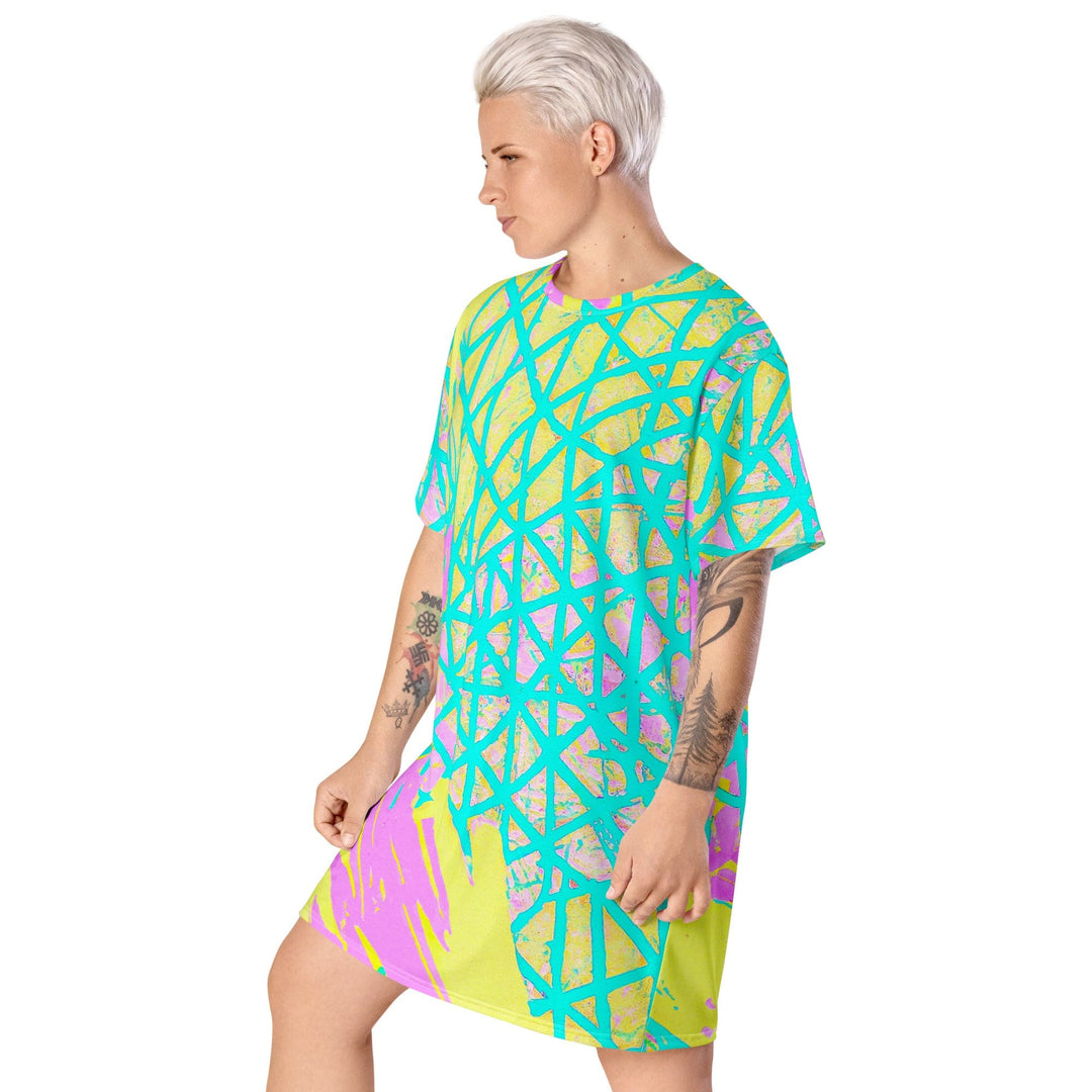 Womens Graphic T-shirt Dress Cyan Blue Lime Green and Pink Pattern - Womens