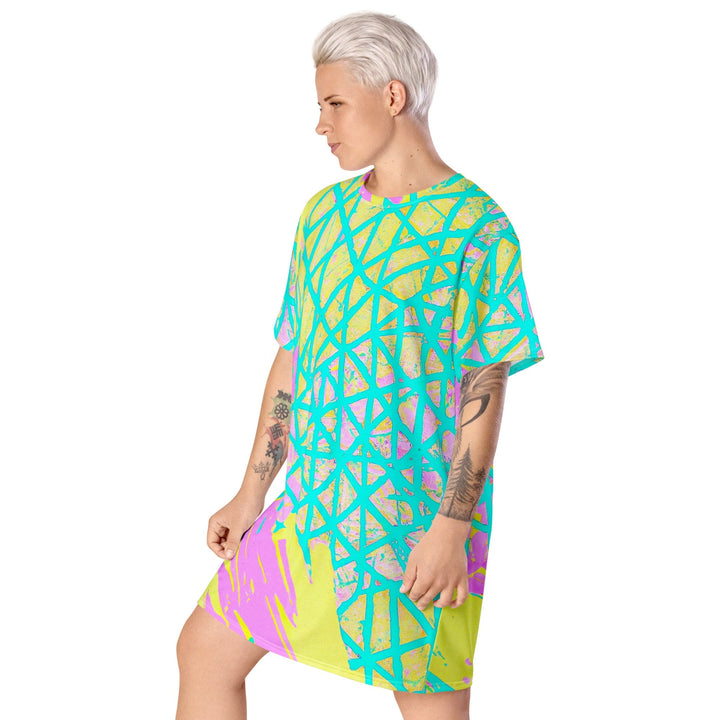 Womens Graphic T-shirt Dress Cyan Blue Lime Green and Pink Pattern - Womens