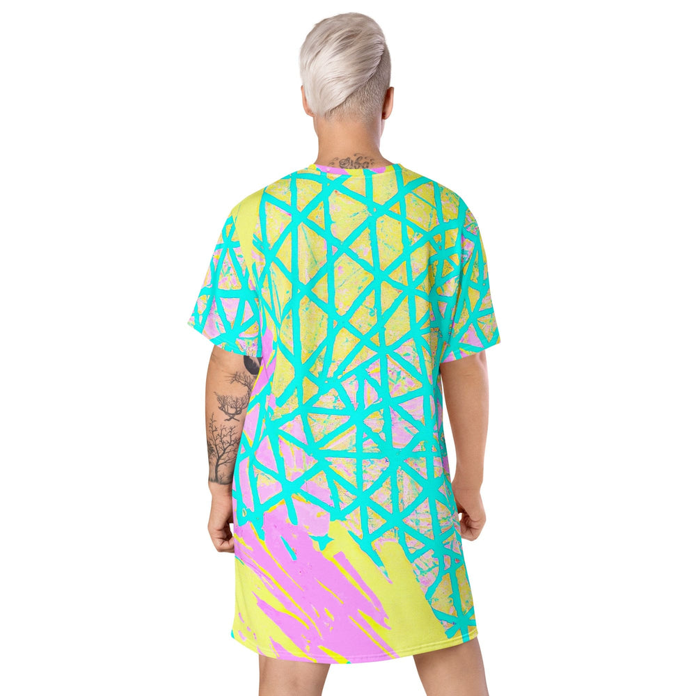 Womens Graphic T-shirt Dress Cyan Blue Lime Green and Pink Pattern - Womens