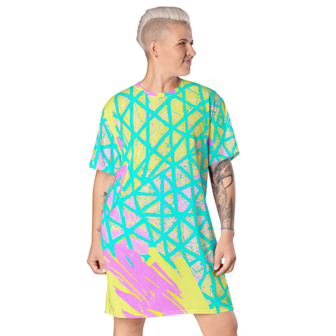 Womens Graphic T-shirt Dress Cyan Blue Lime Green and Pink Pattern - Womens