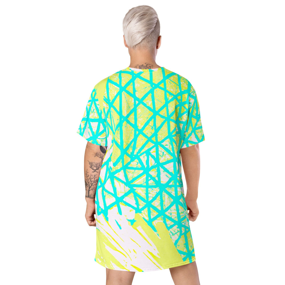 Womens Graphic T-shirt Dress Cyan Blue Lime Green and White Pattern - Womens