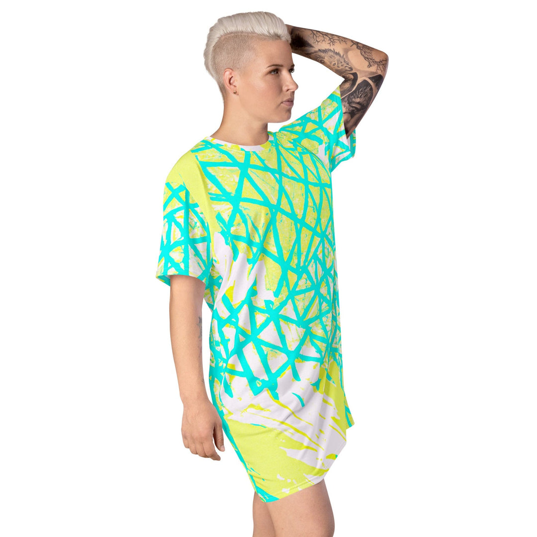 Womens Graphic T-shirt Dress Cyan Blue Lime Green and White Pattern - Womens