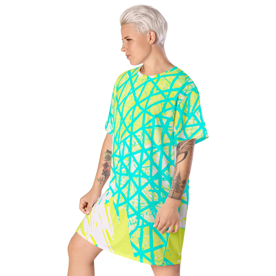 Womens Graphic T-shirt Dress Cyan Blue Lime Green and White Pattern - Womens