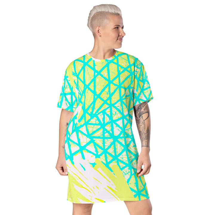 Womens Graphic T-shirt Dress Cyan Blue Lime Green and White Pattern - Womens