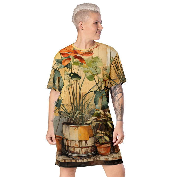 Womens Graphic T-shirt Dress Earthy Rustic Potted Plants Print - Womens