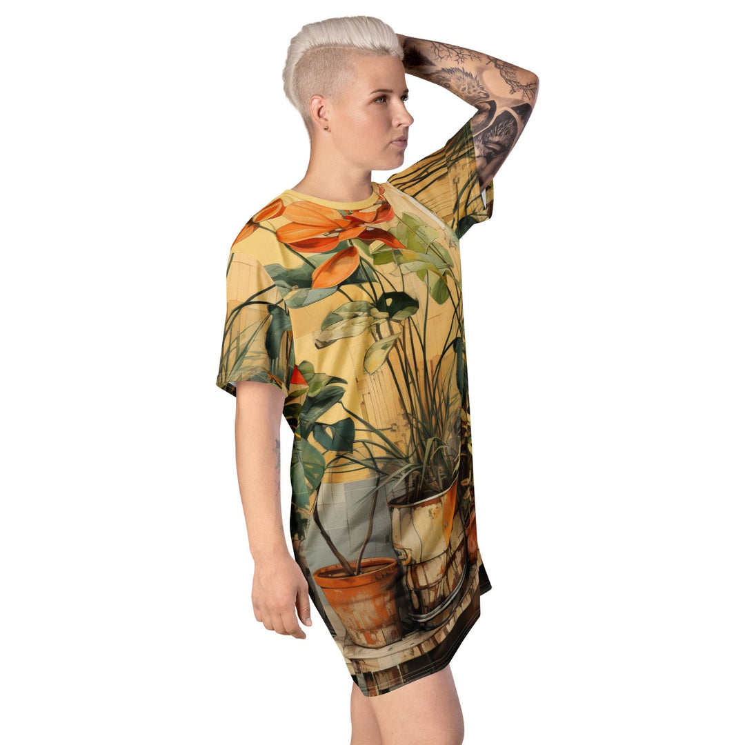 Womens Graphic T-shirt Dress Earthy Rustic Potted Plants Print - Womens