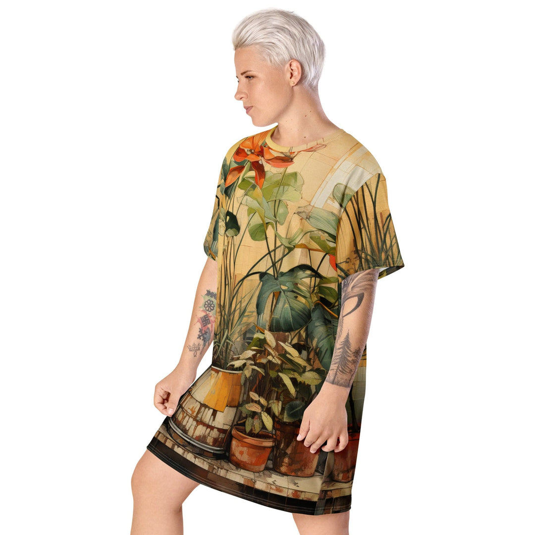 Womens Graphic T-shirt Dress Earthy Rustic Potted Plants Print - Womens