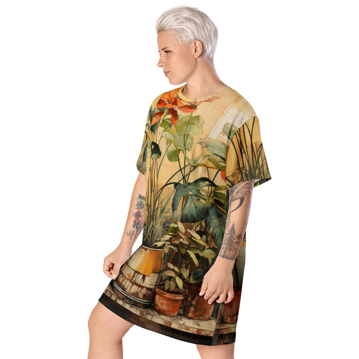 Womens Graphic T-shirt Dress Earthy Rustic Potted Plants Print - Womens