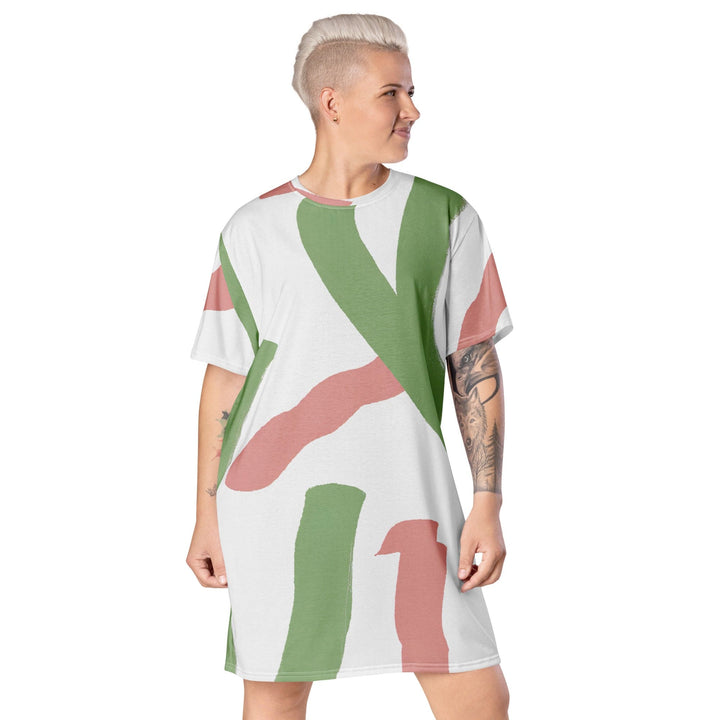 Womens Graphic T-shirt Dress Green Mauve Abstract Brush Stroke - Womens